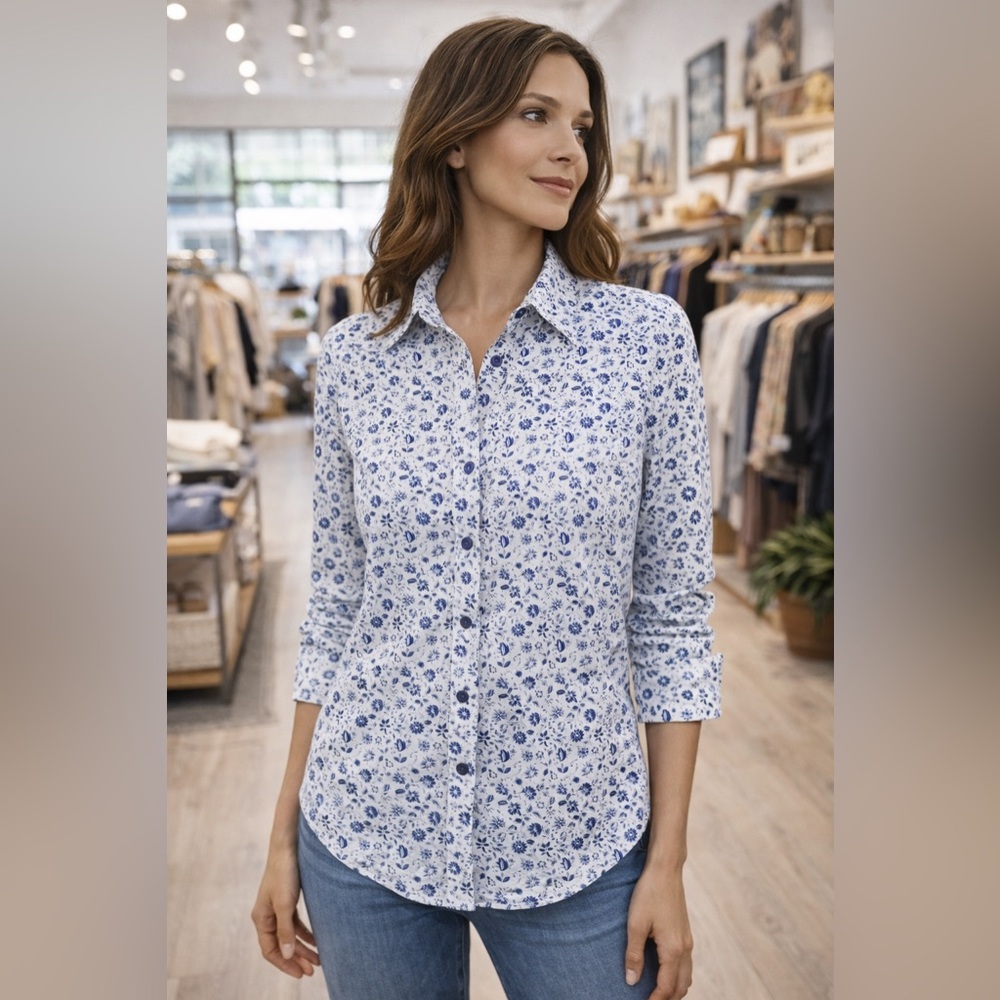 RICKY’S Blue Floral Button Front Shirt. Sz Women’s Small | 100% Cotton | Preppy
